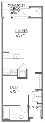 Floor Plan  A floor plan of a small apartment with a living room, bedroom, and bathroom.