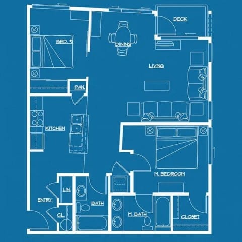 Floor Plan  A blueprint of a house layout with labeled rooms such as Bedroom 1, Kitchen, Living Room, Bath, and Closet.