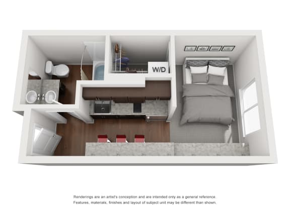 Floor Plan  a stylized floor plan of an apartment with a bedroom and a living room