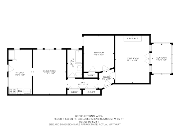 Floor Plan  A floor plan of a house with a living room, dining room, kitchen, bedroom, and closet.