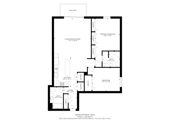 Floor Plan  A black and white image of a floor plan for a home with a balcony.