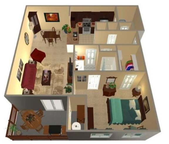 Floor Plan  A 3D image of a house interior with a kitchen, living room, and bedrooms.