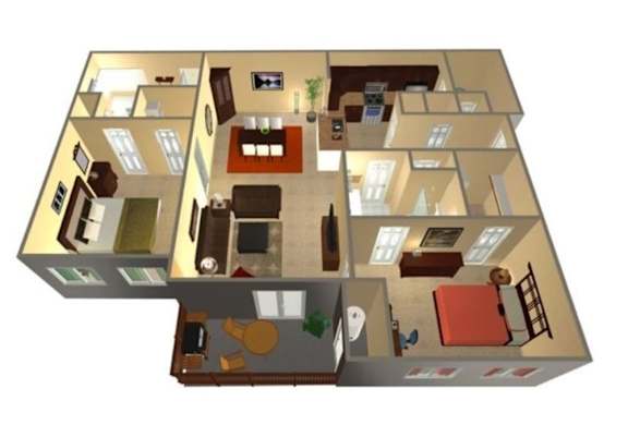 Floor Plan  A 3D rendered image of a house layout.