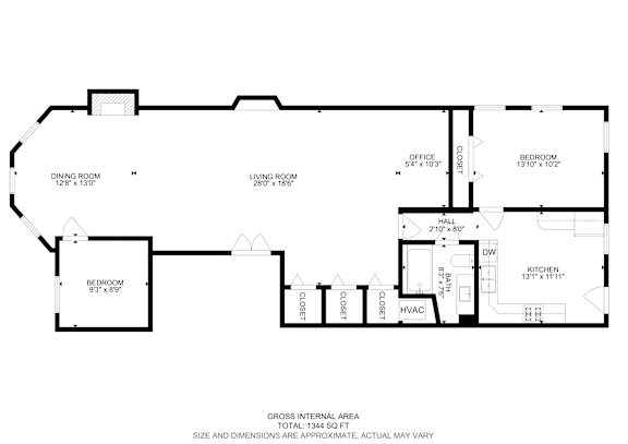 Floor Plan  A floor plan of a house with a total gross internal area of 1344 square feet.