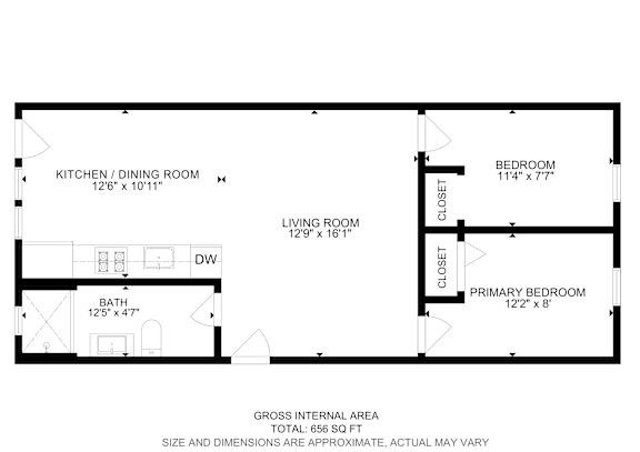 Floor Plan  A floor plan of a house with a living room, kitchen/dining room, and two bedrooms.