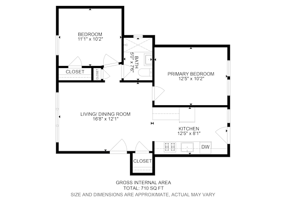 Floor Plan  A floor plan of a small apartment with a total area of 710 square feet.