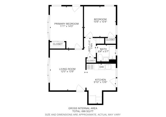 Floor Plan  A floor plan of a house with a living room, two bedrooms, a bath, a kitchen, and a closet.