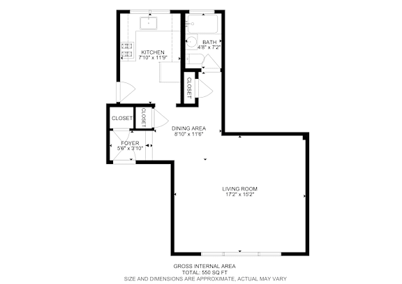Floor Plan  A floor plan of a house with a living room, dining area, kitchen, and closet.