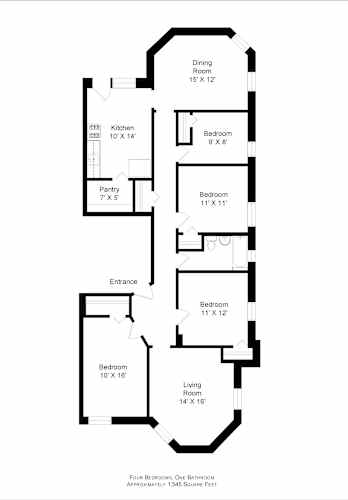Floor Plan  A black and white image of a floor plan for a house with a living room, dining room, kitchen, pantry, and four bedrooms.