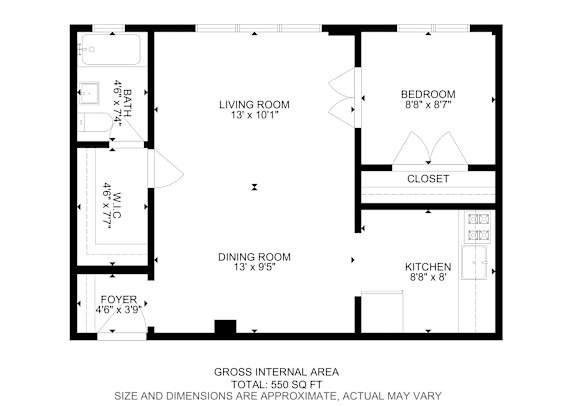 Floor Plan  A floor plan of a house with a living room, dining room, kitchen, bedroom and closet.