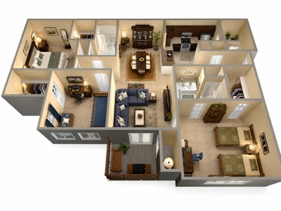 Floor Plan  A 3D floor plan of a house with multiple rooms and furniture.