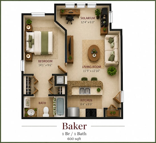 Floor Plan  A floor plan of a home with a living room, kitchen, bathroom, and bedroom.