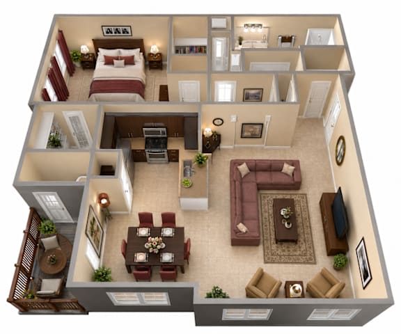 Floor Plan  A 3D floor plan of a house with a living room, dining room, kitchen, and bedrooms.