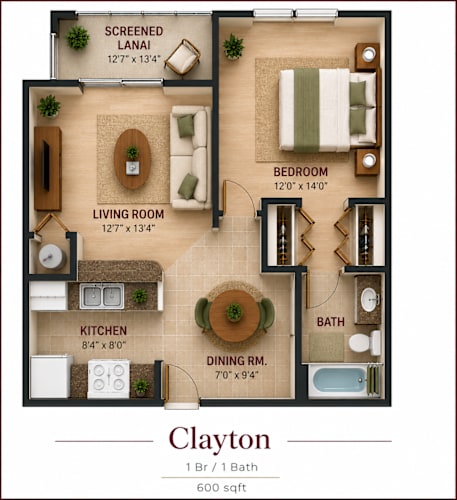 Floor Plan  A floor plan of a one-bedroom apartment named Clayton, featuring a living room, kitchen, dining room, and bathroom.