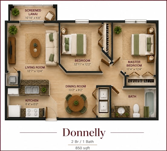 Floor Plan  A floor plan of a 2 bedroom, 1 bathroom apartment named Donnelly.