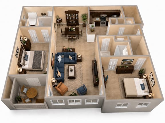 Floor Plan  A 3D floor plan of a house with multiple rooms and furniture.