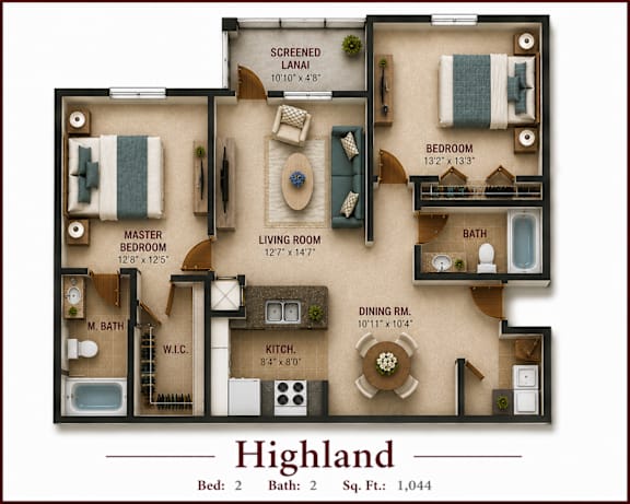 Floor Plan  A floor plan of a Highland apartment with two bedrooms, two bathrooms, and a living room.