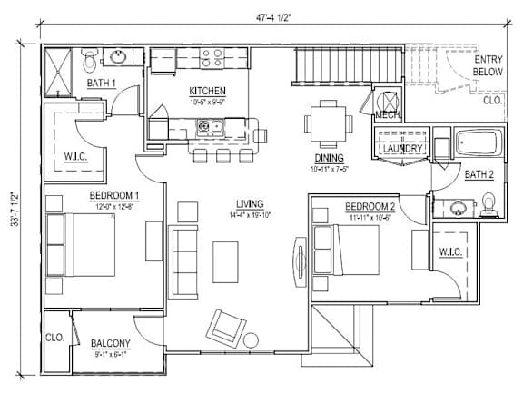 Floor Plan  A floor plan of a two bedroom apartment with a balcony.