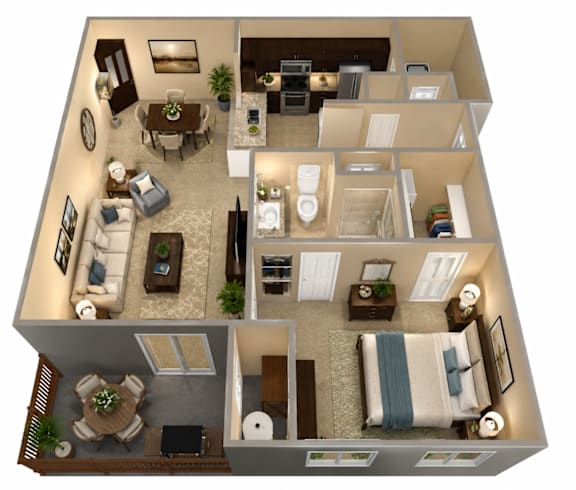 Floor Plan  A 3D floor plan of a house with a living room, dining room, kitchen, and bedrooms.