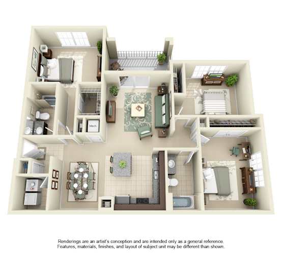 Floor Plan  A 3D floor plan of a house with a kitchen, living room, and bathroom.