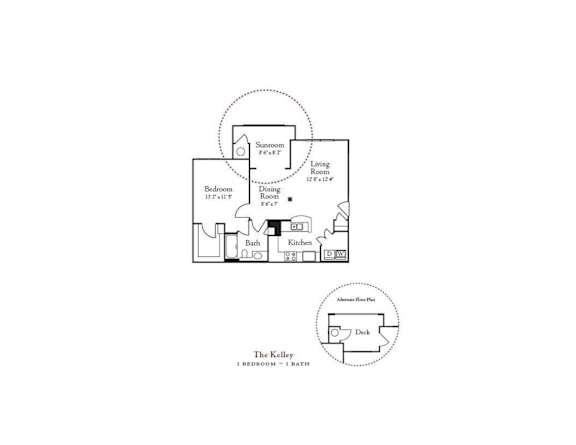 Floor Plan  A diagram of a floor plan for a home with a kitchen, bath, and two bedrooms.