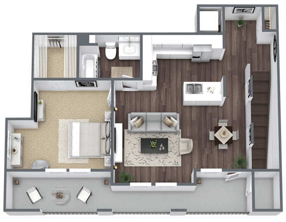 Floor Plan  A top-down view of a house layout with a living room, dining area, kitchen, and bedrooms.