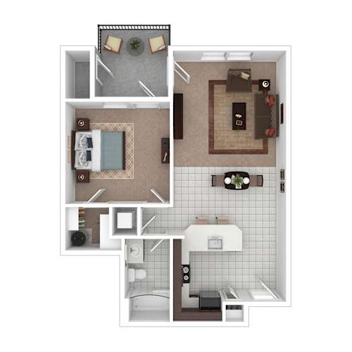 Floor Plan  A floor plan of a small apartment with a kitchen, living room, and bathroom.