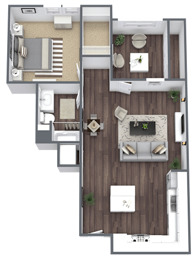 Floor Plan  A top-down view of a house layout with a living room, kitchen, and two bedrooms.