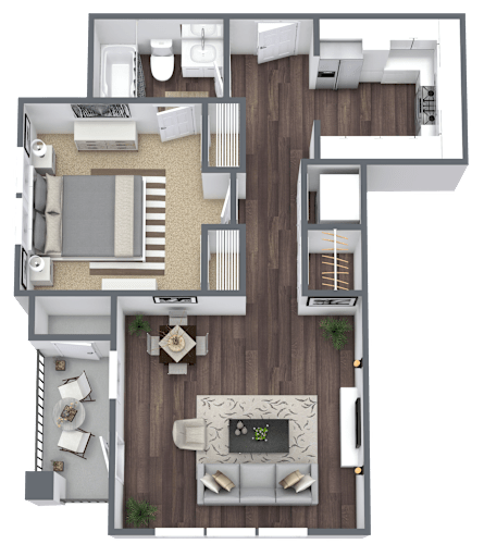 Floor Plan  A top-down view of a house layout with a living room, kitchen, and bedrooms.