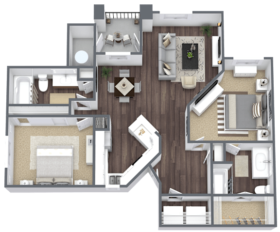 Floor Plan  A 3D floor plan of a house with multiple rooms and furniture.