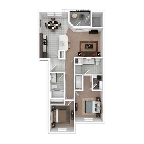 Floor Plan  A floor plan of a two-bedroom apartment with a living room, kitchen, and bathrooms.