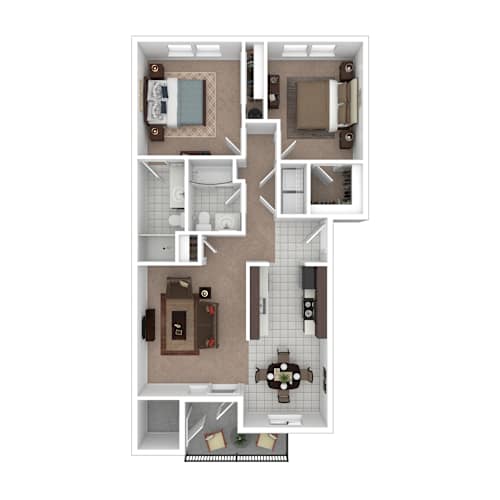 Floor Plan  A floor plan of a house with a kitchen, living room, dining room, and bathrooms.