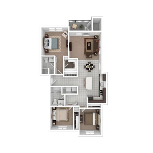 Floor Plan  A floor plan of a house with a kitchen, living room, dining room, and two bedrooms.