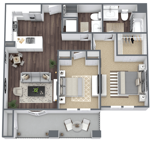 Floor Plan  A top-down view of a house layout with a living room, kitchen, and bathroom.