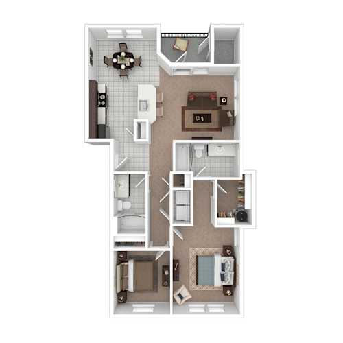 Floor Plan  A floor plan of a house with a kitchen, living room, dining room, and two bathrooms.