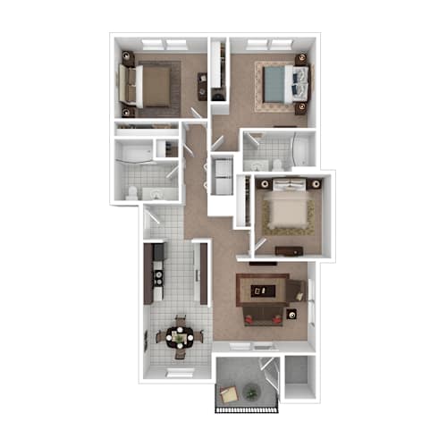 Floor Plan  A floor plan of a house with a kitchen, living room, dining room, and bathrooms.