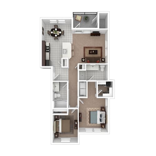 Floor Plan  A floor plan of a small apartment with a kitchen, living room, and bathroom.