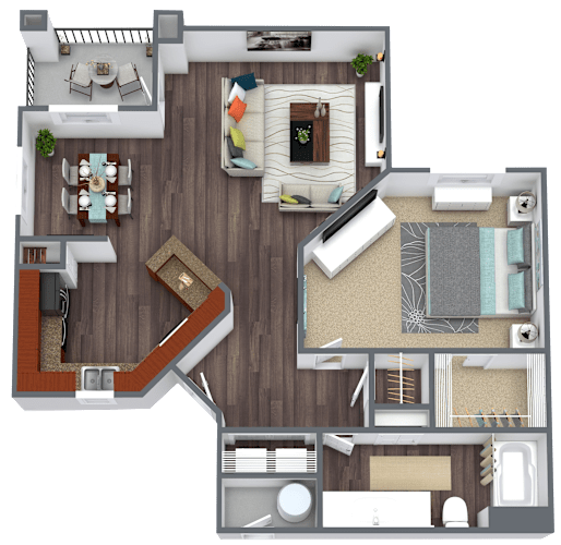 Floor Plan  A top-down view of a house layout with a living room, dining area, kitchen, and bathroom.