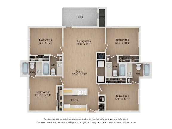 Floor Plan  D1 4X4 Floor Plan, 1,320 SQFT