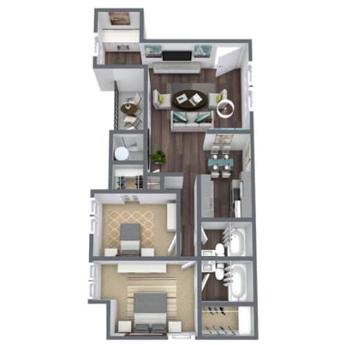 Floor Plan  2-Bedroom, 2-Bathroom, 3D Floor Plan-B2