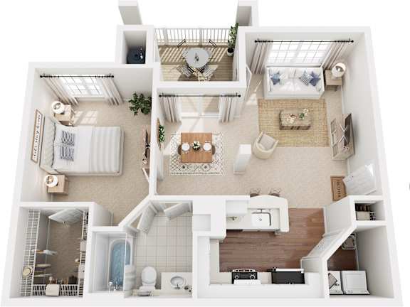 Floor Plan  A top-down view of a modern, white-walled apartment with a kitchen, living room, and bathroom.