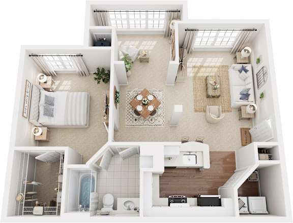 Floor Plan  A white, minimalist floor plan of a house with a kitchen, living room, and bathroom.