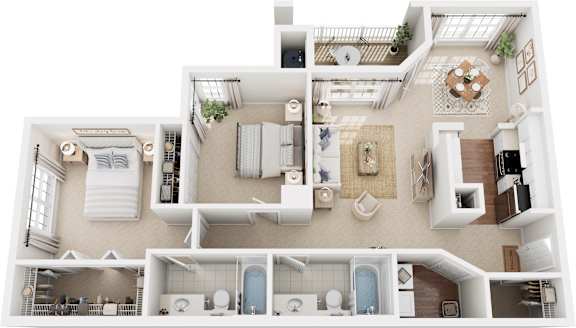 Floor Plan  A top-down view of a two-story house with a living room, kitchen, and bathrooms.