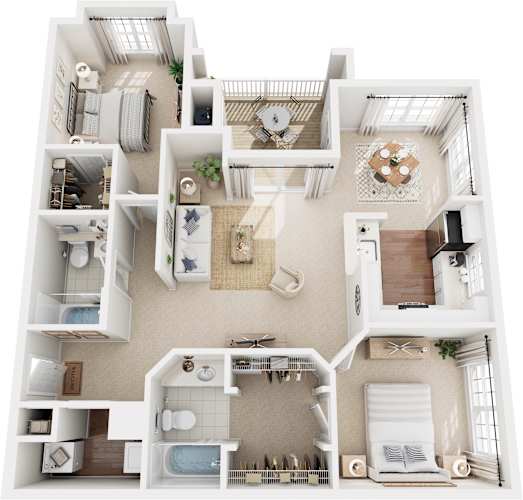 Floor Plan  A white 3D floor plan of a small apartment with a kitchen, living room, and bathroom.