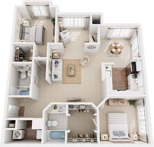 Floor Plan  A white, minimalist floor plan of a small apartment with a kitchen, living room, and bedroom.