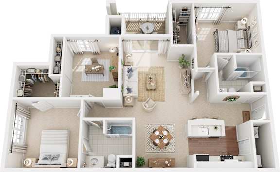 Floor Plan  A white 3D floor plan of a house with multiple rooms.
