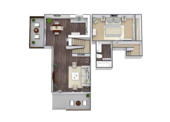 Floor Plan  A floor plan of a house with a kitchen, living room, dining room, and two bedrooms.