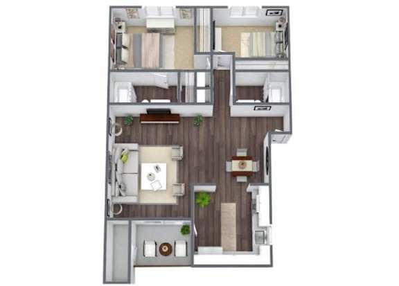 Floor Plan  A floor plan of a house with a kitchen, living room, dining room, and two bedrooms.