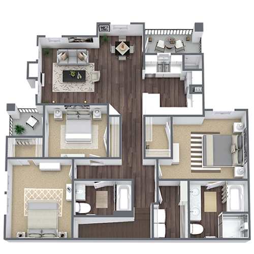 Floor Plan  A 3D floor plan of a house with multiple rooms and furniture.
