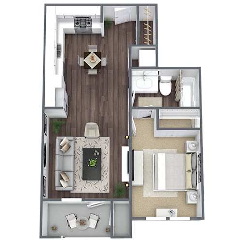 Floor Plan  A top-down view of a house layout with a central living room, kitchen, and bathrooms.